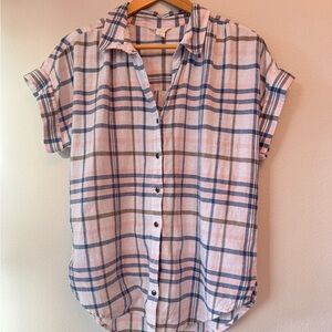 Caslon Nordstrom Women’s Plaid Button Down Linen Blend Shirt M